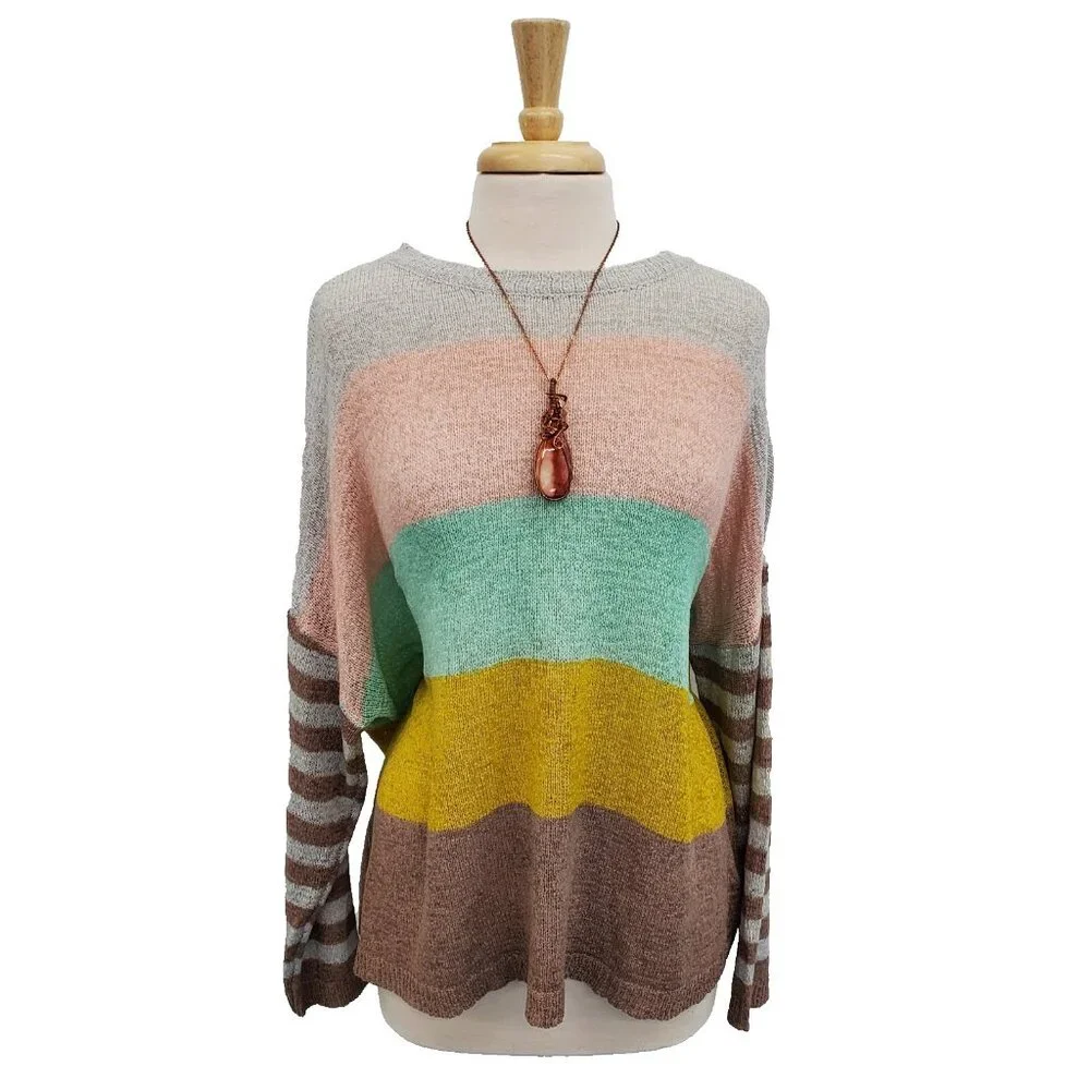 Davi & Dani Color Block Striped Sleeve Pullover Sweater L‎ Multicolor Knit Top